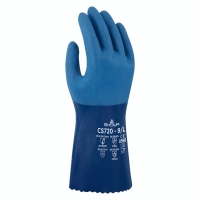 Chemisch bestendige handschoen maat M voorzien van een dubbele nitrilcoating ter bescherming van schadelijke stoffen.